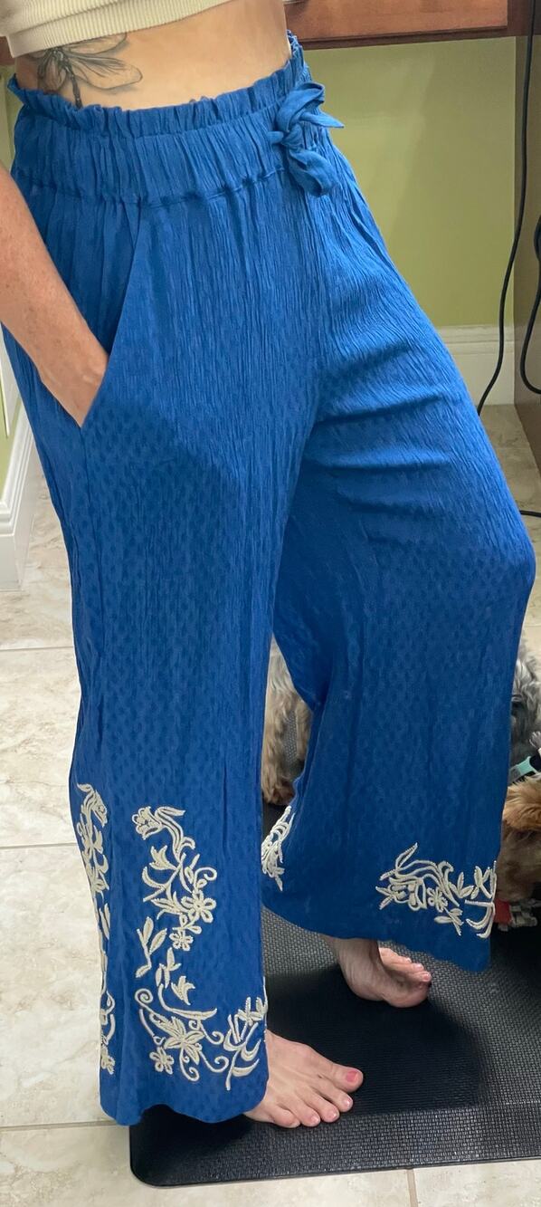 Band of the Free NWT small royal blue pull on pants wide leg embroidered legs